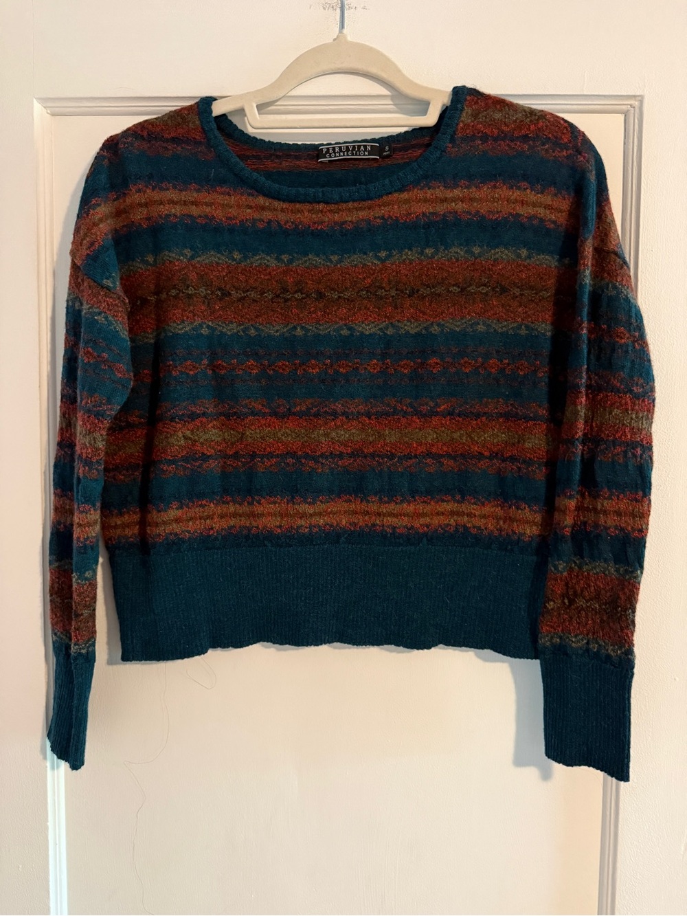 Peruvian Connection Fair Isle Cropped Wool Silk Sweater Turquoise Small
